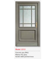 UNILUX Model 2212 Concrete Gray Door, Madras Flos Glass, Polished Brass Handle, Security Lock, Custom Timber Door
